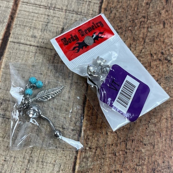 Jewelry - NEW Belly Button Barbell Ring Feather Turquoise Boho Gem Jewel Bundle Set